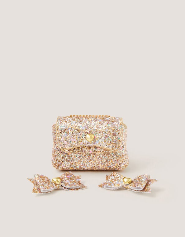 Glitter Bow Bag & Hair Clips Set, Gold (GOLD), large