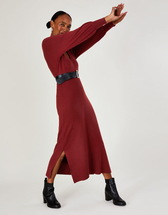 V-Neck Belted Knit Maxi Dress, Orange (RUST), large