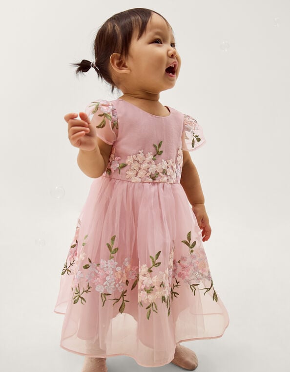 Baby Floral Embroidered Organza Party Dress, Pink (DUSKY PINK), large