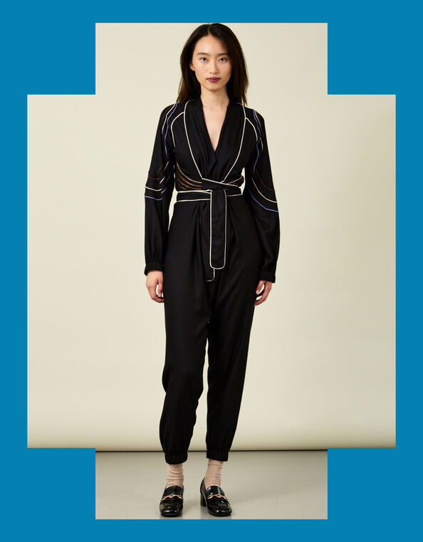 Tallulah and Hope Embroidered Satin Wrap Jumpsuit, Black (BLACK), large