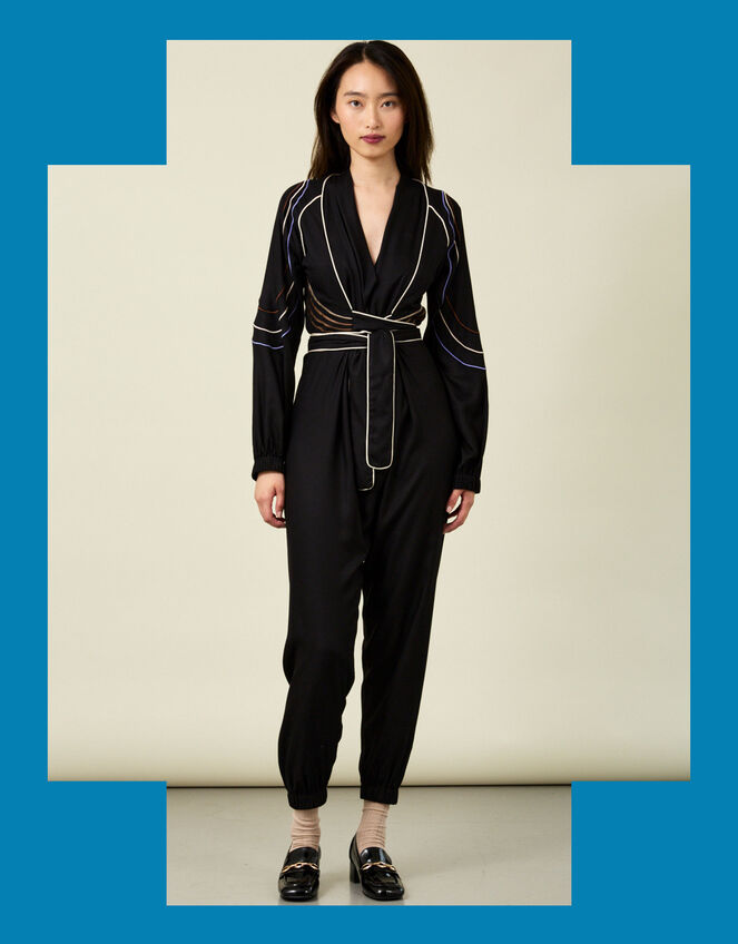 Tallulah and Hope Embroidered Satin Wrap Jumpsuit, Black (BLACK), large