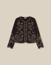 Julia Floral Embellished Velvet Jacket, Brown (CHOCOLATE), large