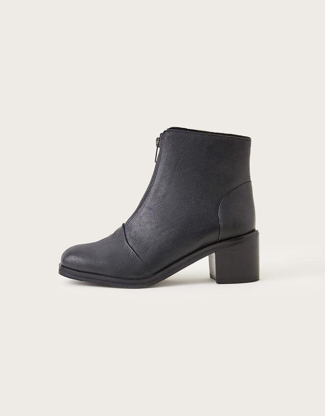 Zip Front Chunky Leather Boots Black