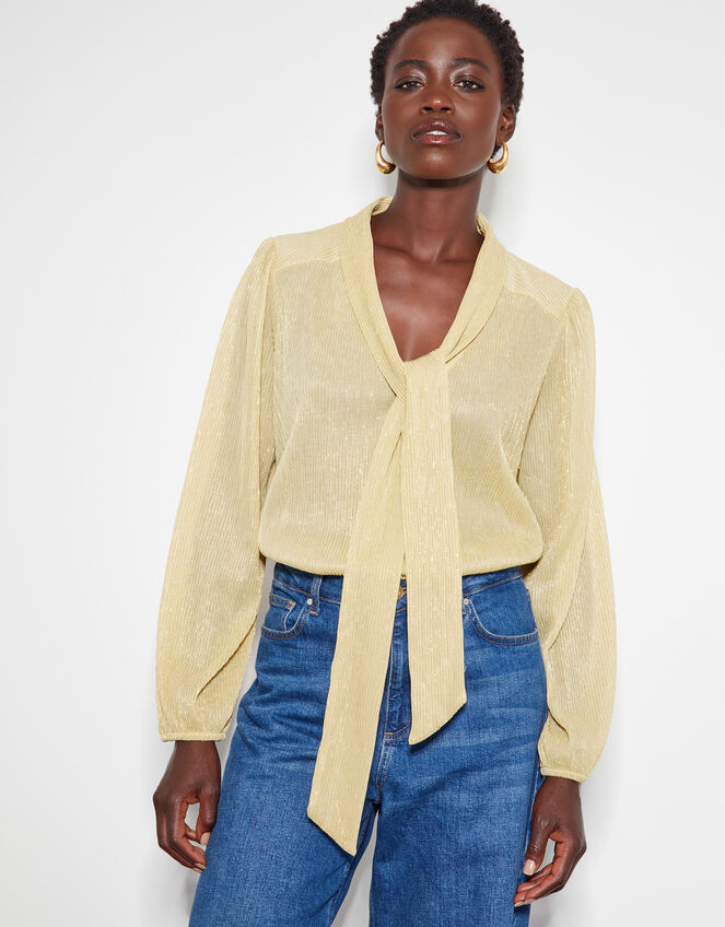 Pree Sparkle Plisse Pussybow Blouse, Gold (GOLD), large