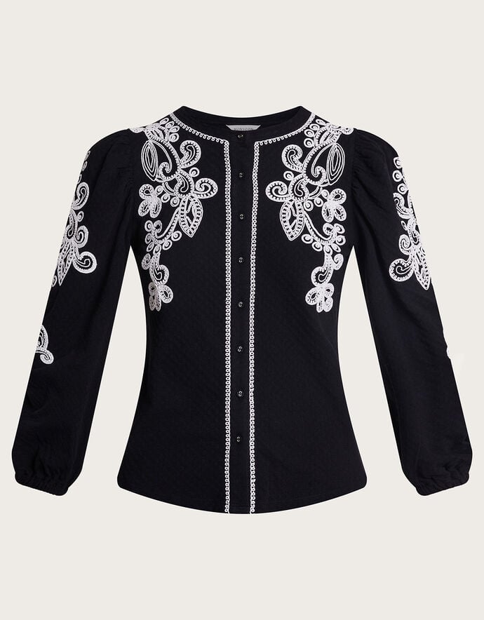 Finna Long Embroidery Shirt - Black