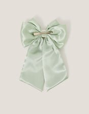 Long Pearl Satin Bow Hair Clip, Green (SAGE), large