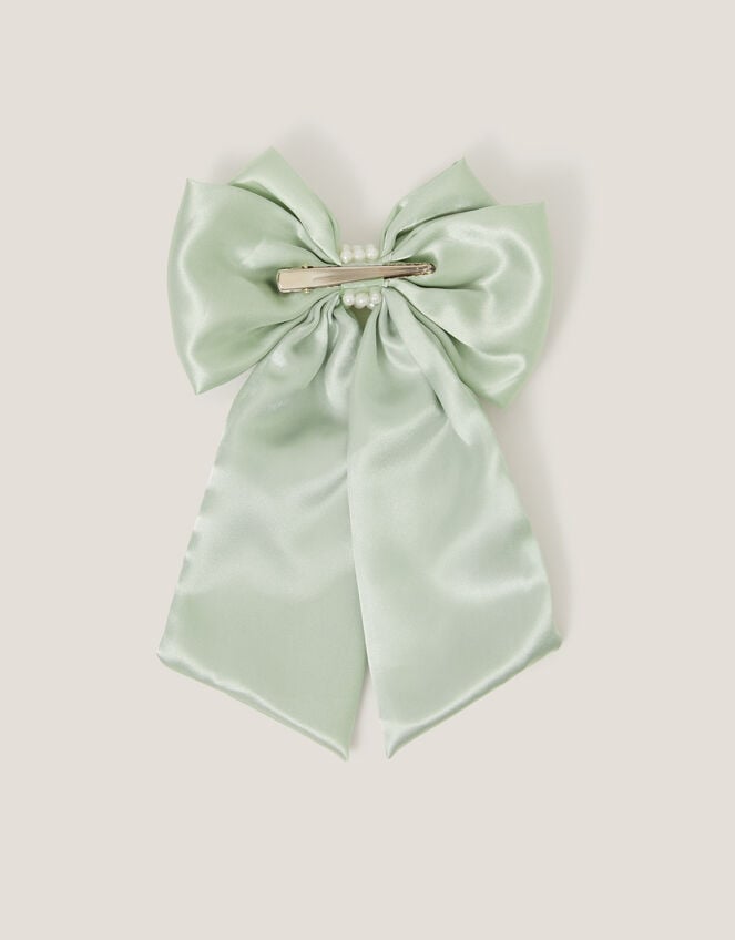 Long Pearl Satin Bow Hair Clip, Green (SAGE), large