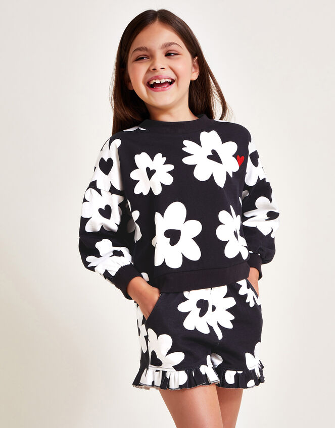 Floral Sweatshirt and Shorts Set, Black (BLACK), large