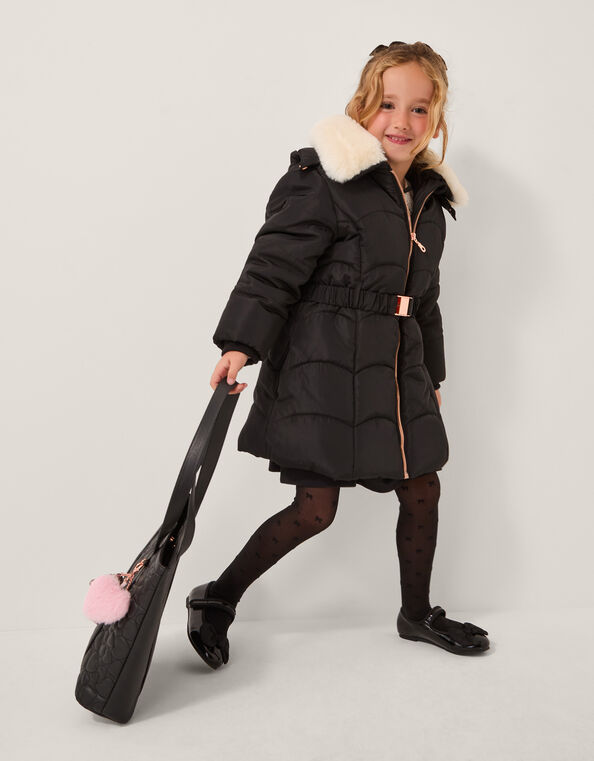 Fluffy Collar Belted Puffer Coat, Black (BLACK), large