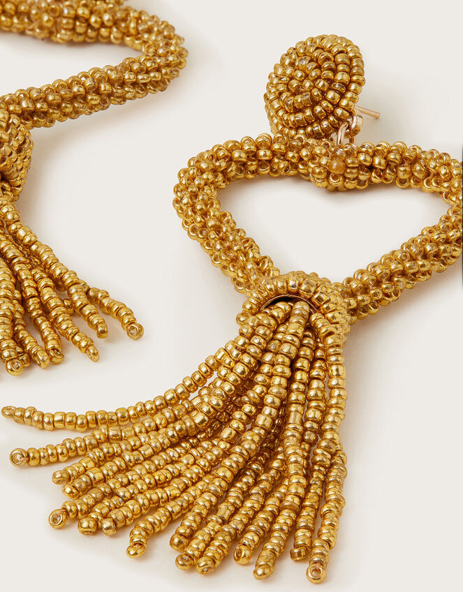 Beaded Heart Tassel Earrings, Gold (GOLD), large