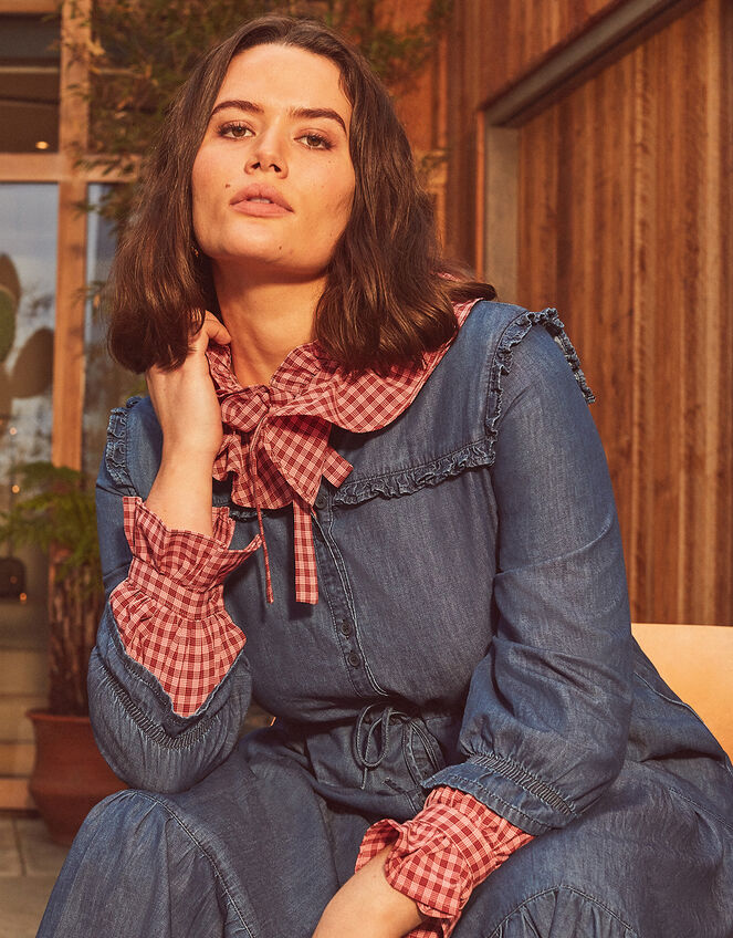 Tiered Denim Dress in Sustainable Cotton, Blue (DENIM BLUE), large