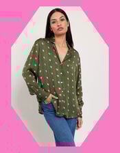 East Polka Dot Satin Shirt, Green (GREEN), large