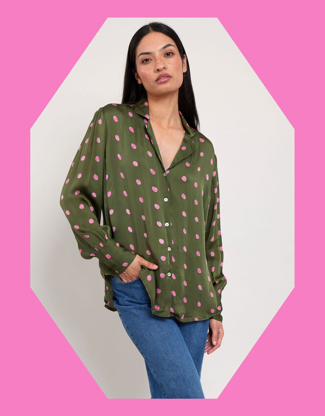 East Polka Dot Satin Shirt, Green (GREEN), large