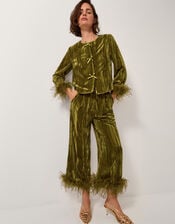 Olivia Feather Cuff Velvet Jacket, Green (OLIVE), large
