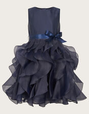 Duchess Twill Ruffle Dress, Blue (NAVY), large