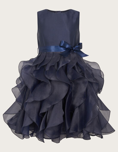 Duchess Twill Ruffle Dress, Blue (NAVY), large