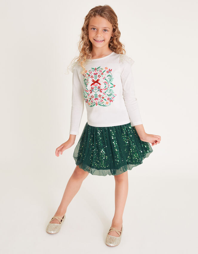 Long Sleeve Christmas Wreath Top and Skirt Set, Green (GREEN), large