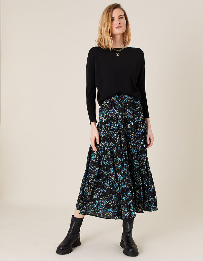 Floral Tiered Midi Skirt in LENZING™ ECOVERO™ Black | Skirts | Monsoon UK.
