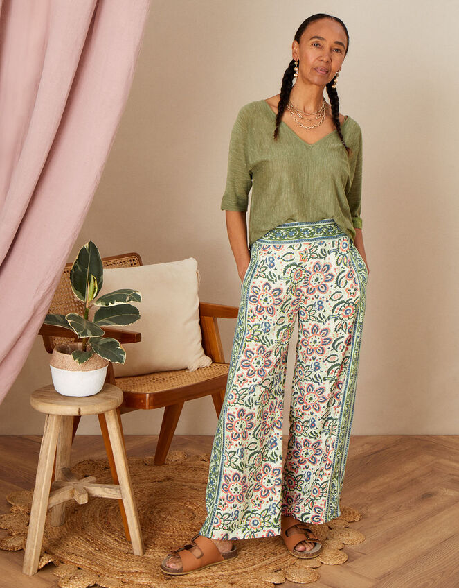 ARTISAN STUDIO Floral Print Trousers, Ivory (IVORY), large