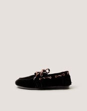 Alba Fringe Suede Moccasin Loafers, Black (BLACK), large