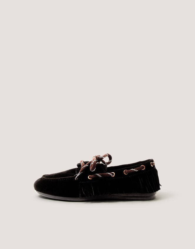 Alba Fringe Suede Moccasin Loafers, Black (BLACK), large
