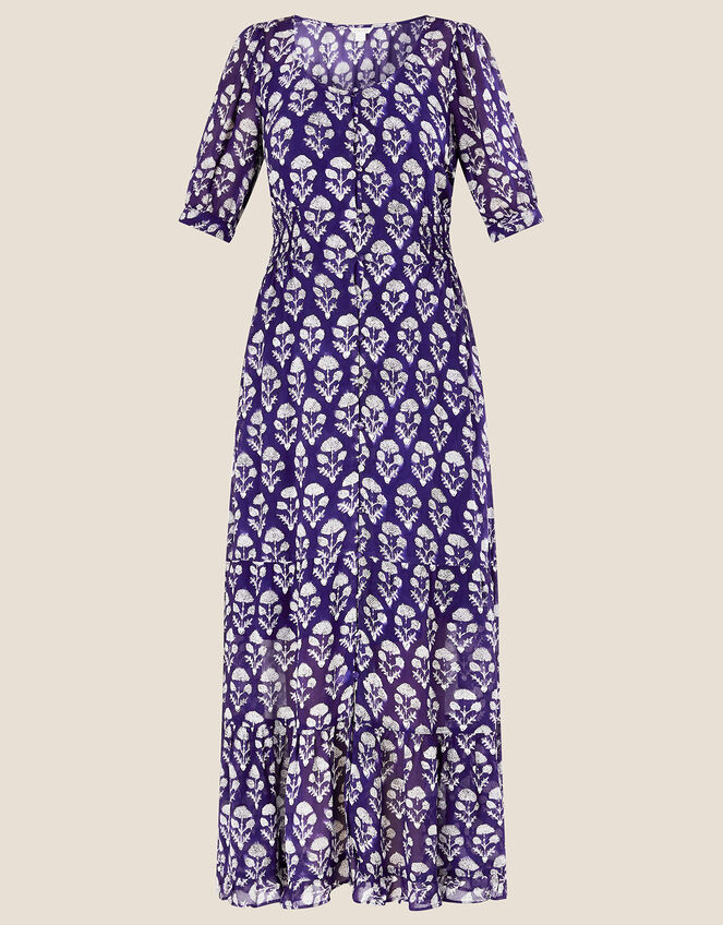 Wendy Woodblock Print Maxi Dress in Sustainable Viscose, Blue (NAVY), large
