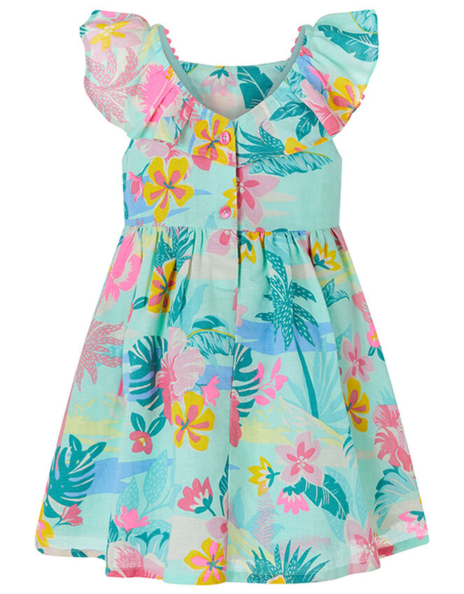 Baby Petunia Floral Dress in Linen and Organic Cotton, Blue (AQUA), large