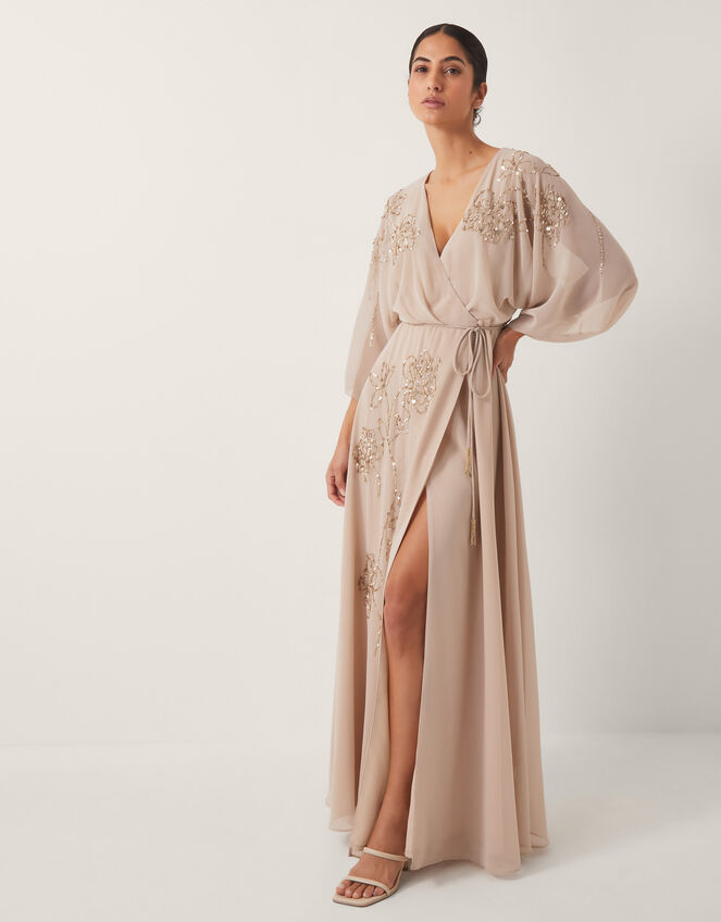 Skyla Floral Embellished Maxi Wrap Dress, Nude (NUDE), large