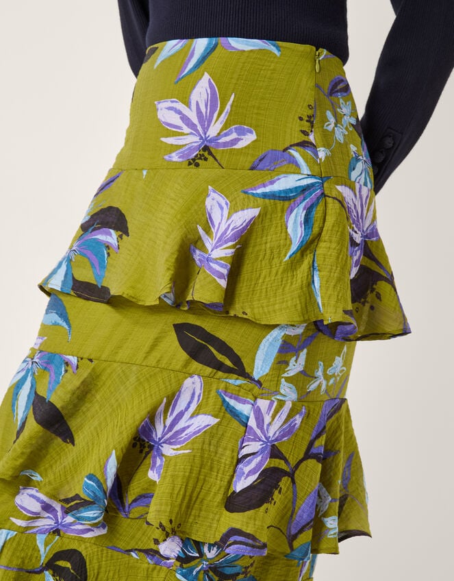 Sonya Floral Print Frill Midi Skirt, Green (KHAKI), large