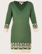 Cornelli V-Neck Short Dress in Sustainable Cotton, Green (GREEN), large