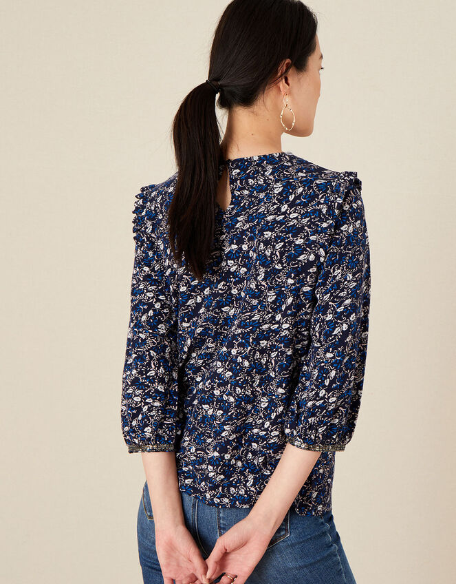 Lace Trim Printed Top, Blue (NAVY), large