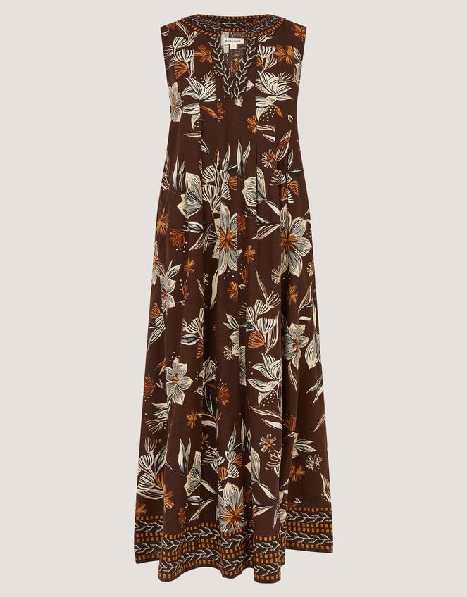 Esther Floral Linen Blend Midi Dress, Brown (CHOCOLATE), large