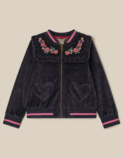 Embroidered Collar Velour Bomber Jacket, Blue (NAVY), large
