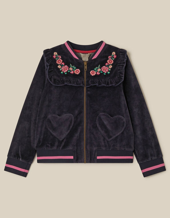 Embroidered Collar Velour Bomber Jacket, Blue (NAVY), large