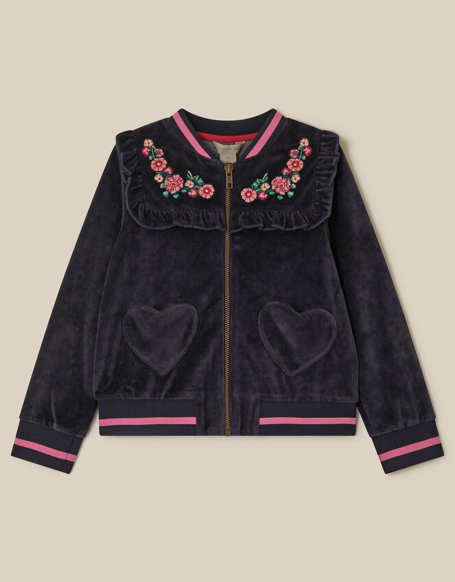 Embroidered Collar Velour Bomber Jacket, Blue (NAVY), large