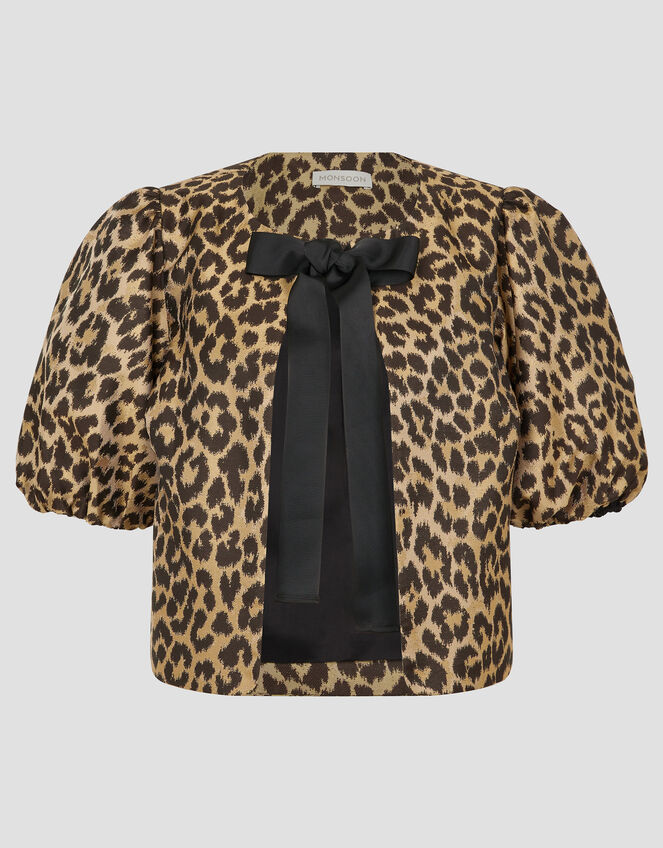 Anne Leopard Print Bow Jacket, Brown (BROWN), large
