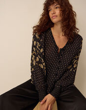 Clemence Amelie Batwing Sleeve Contrast Print Blouse, Black (BLACK), large