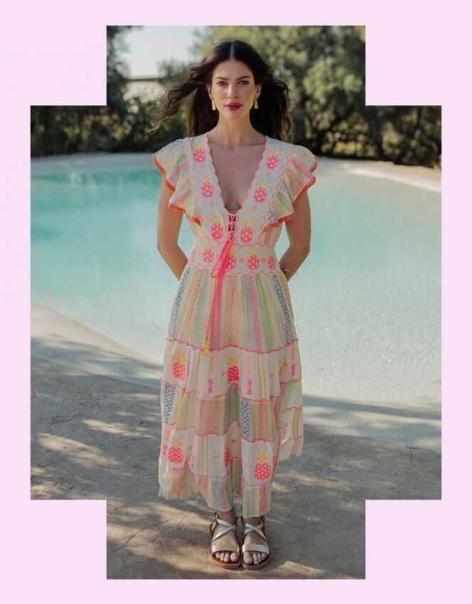 Piti Cuiti Pineapple Embroidered Maxi Dress, White (WHITE), large