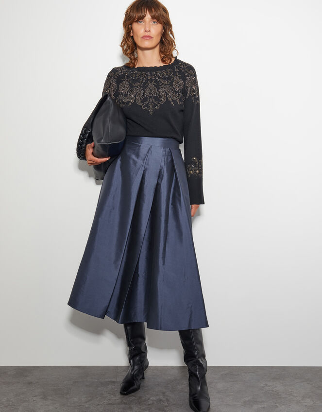 Tanya Taffeta Pleated Midi Skirt, Blue (NAVY), large