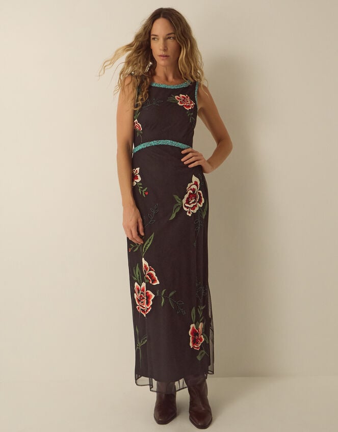 Luna Sleeveless Floral Embellished Mesh Midi Dress, Black (BLACK), large