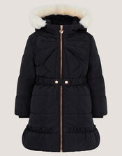 Bow Hooded Puffer Coat, Black (BLACK), large