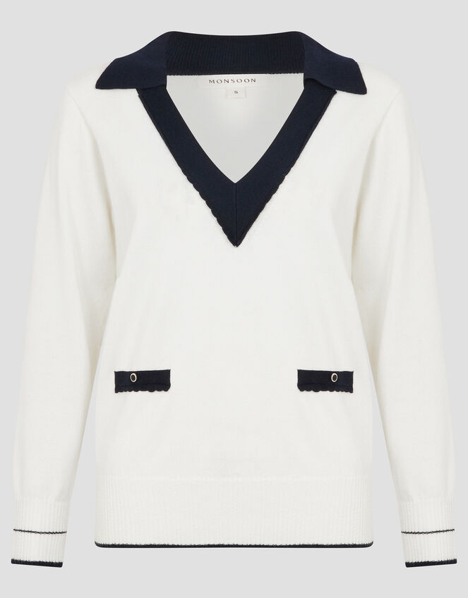 Clara V-Neck Collared Jumper, Ivory (IVORY), large