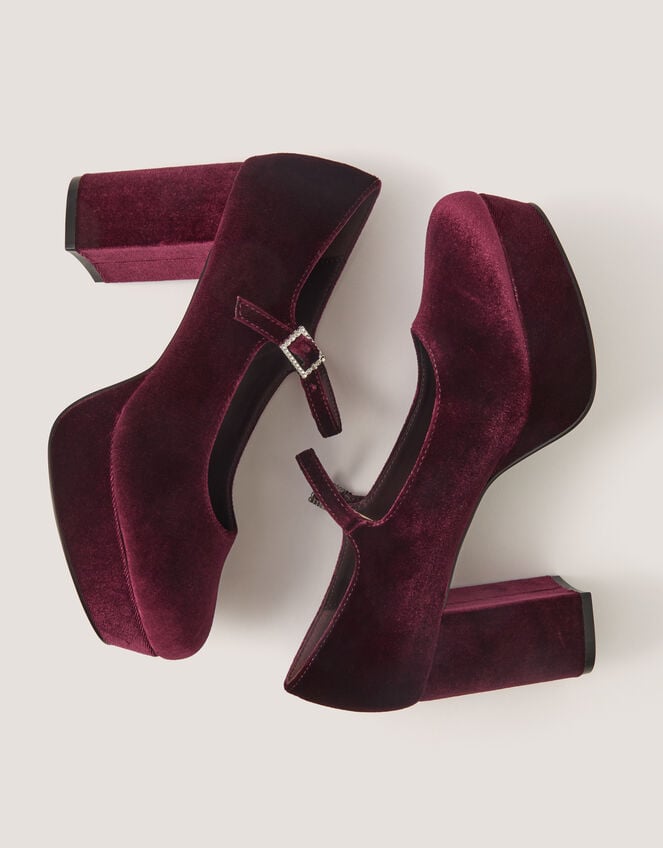 Polly Velvet Mary Jane Platform Heels, Red (BERRY), large
