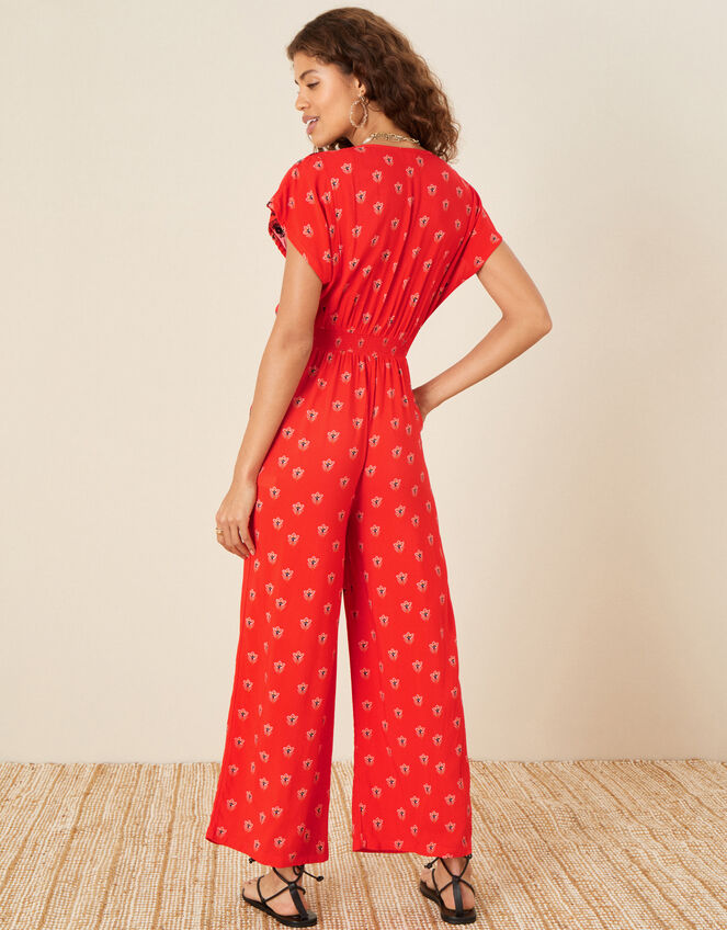 Embroidered Trim Printed Jumpsuit, Red (RED), large