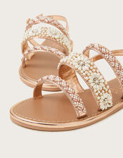 Pearl Flower Embellished Sandals, Gold (ROSE GOLD), large