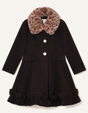 Leopard Print Collar Ruffle Hem Coat , Black (BLACK), large