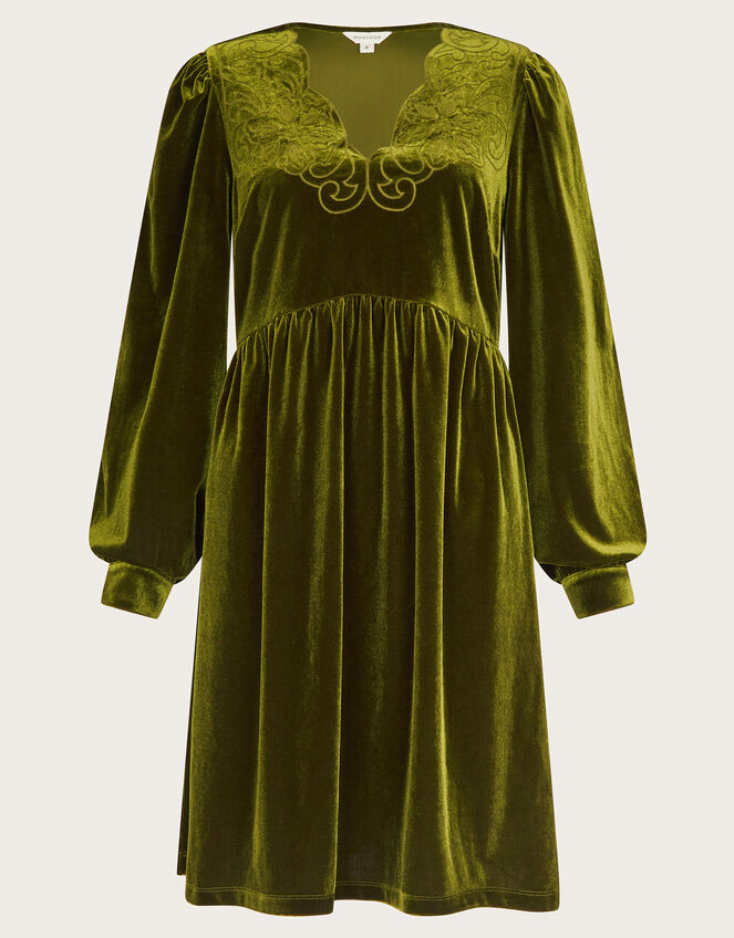 Vicki Embroidered Velvet Mini Dress, Green (OLIVE), large