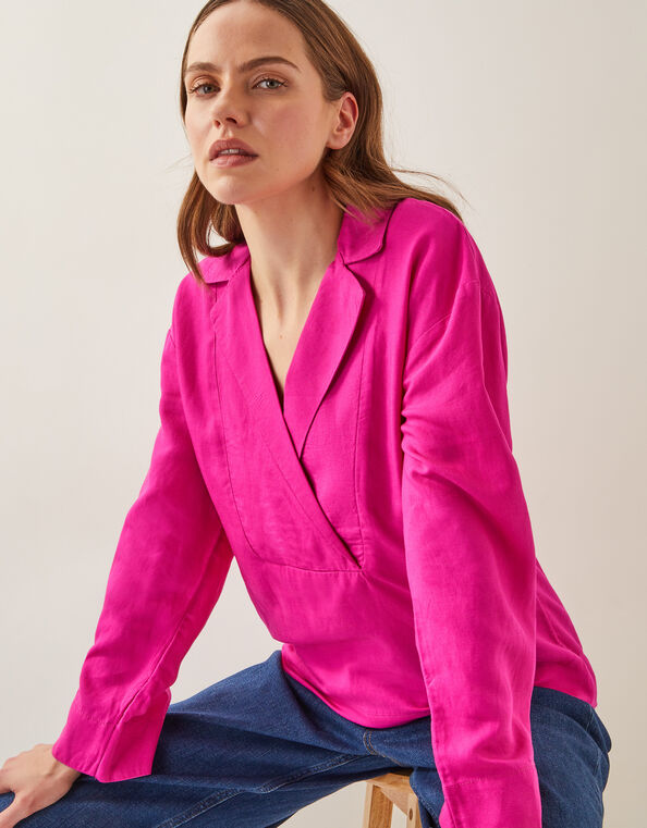 Tulip Linen Blend Collar Top, Pink (PINK), large