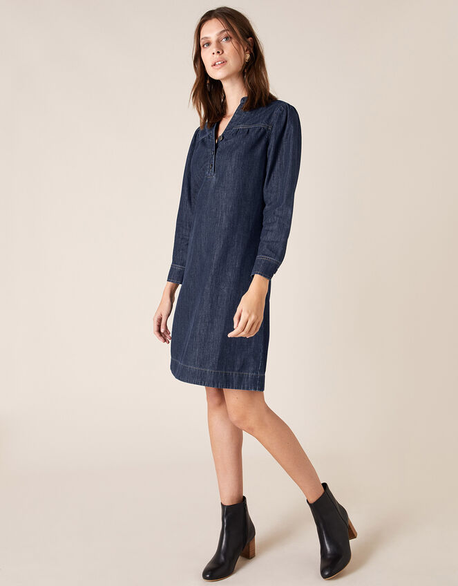 Knee-Length Denim Dress, Blue (BLUE), large