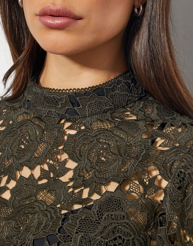 Eliza Long Sleeve Lace Mini Dress, Green (KHAKI), large